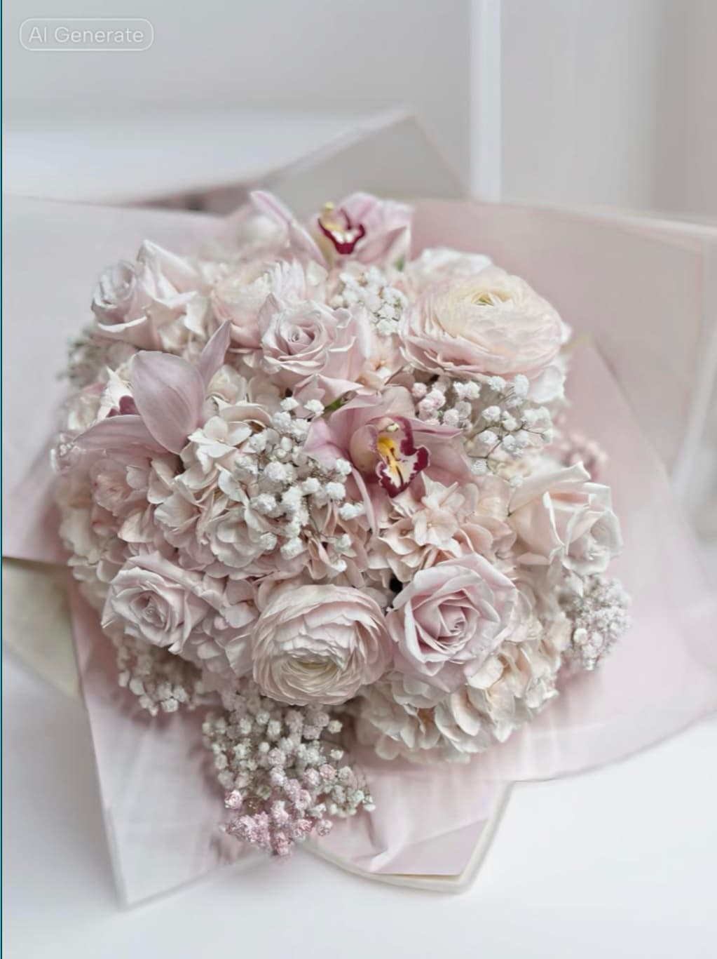 Hand-tied mixed bouquet with roses and green foliage tied with cord