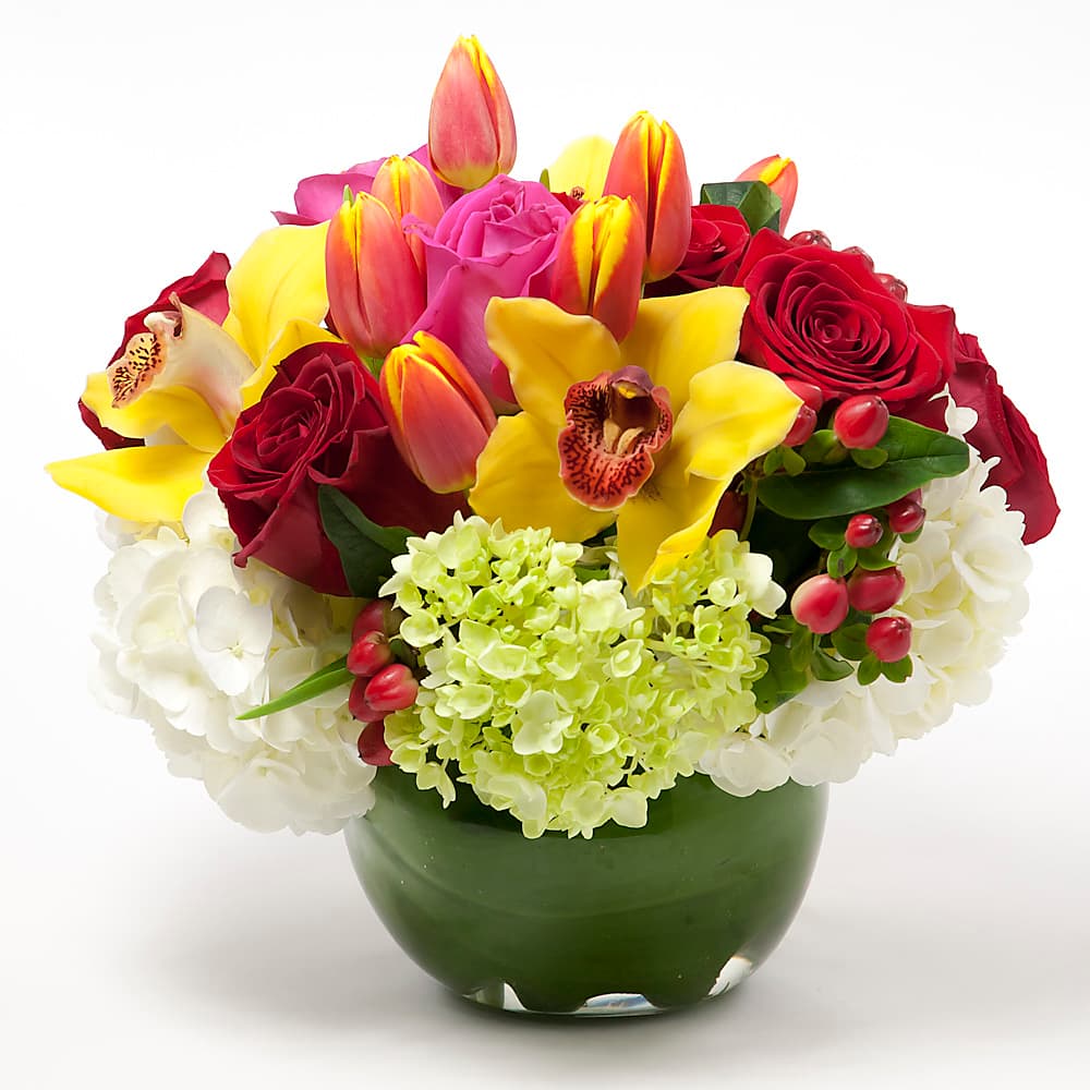 Mango Tango arrangement in mango orange and watermelon pink