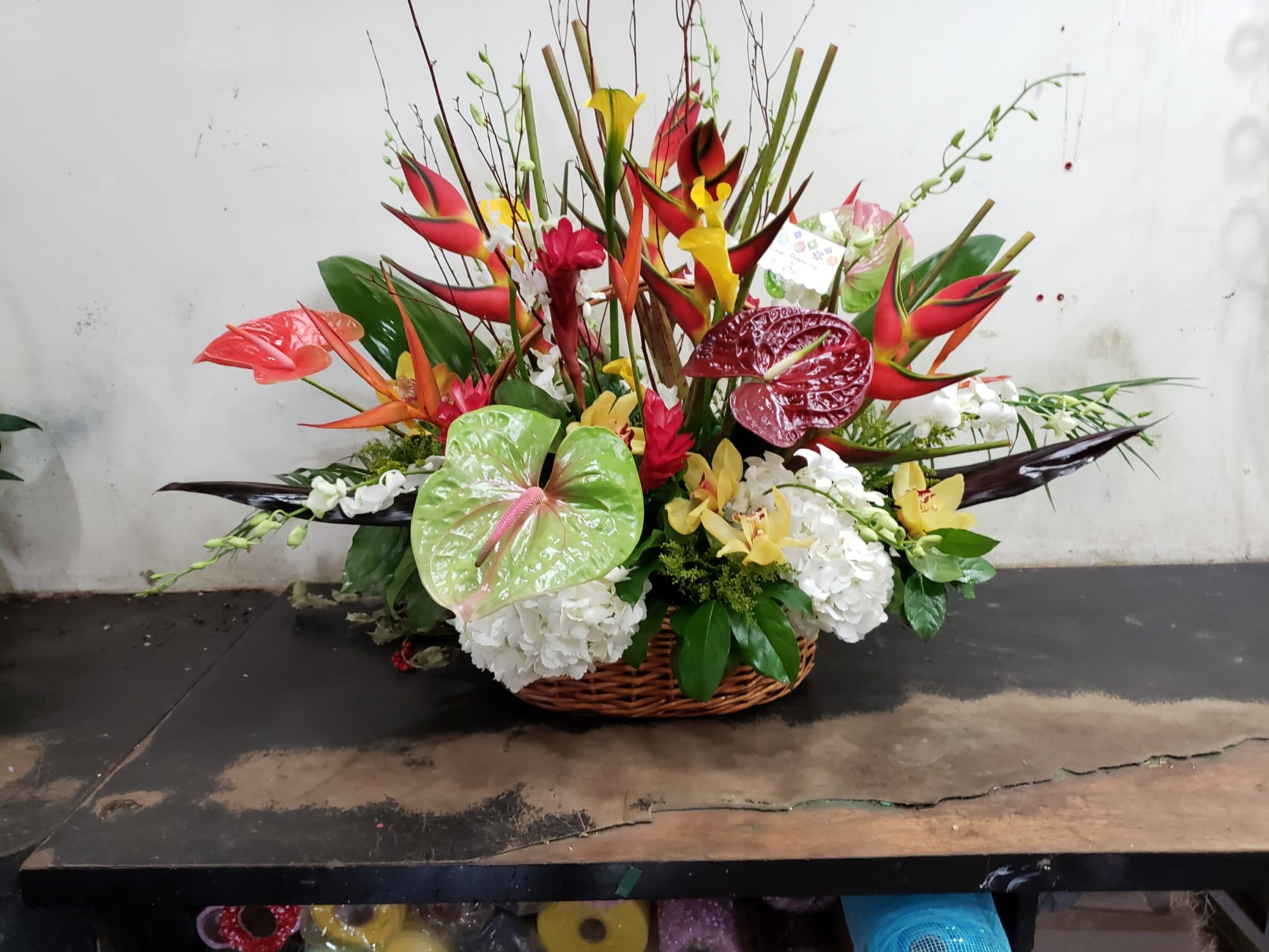 Tropical arrangement on a low base with red anthurium, monstera leaves, and orchids