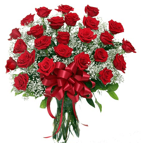 Two dozen long-stem red roses in clear cylinder vase
