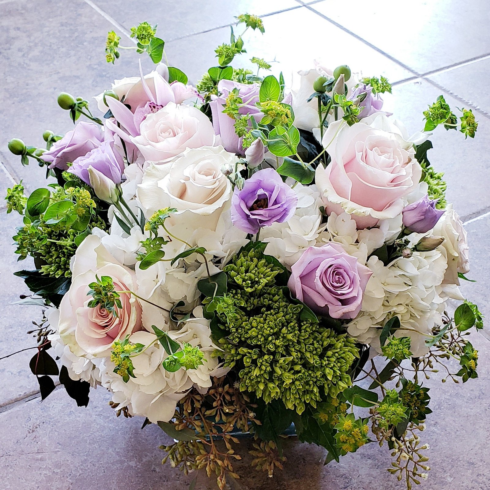 Amethyst Snowdrop lavender and white arrangement