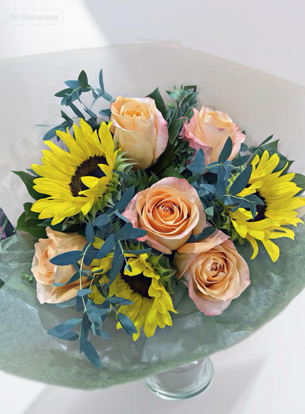 Peach Sunshine bouquet of peach roses and mini sunflowers